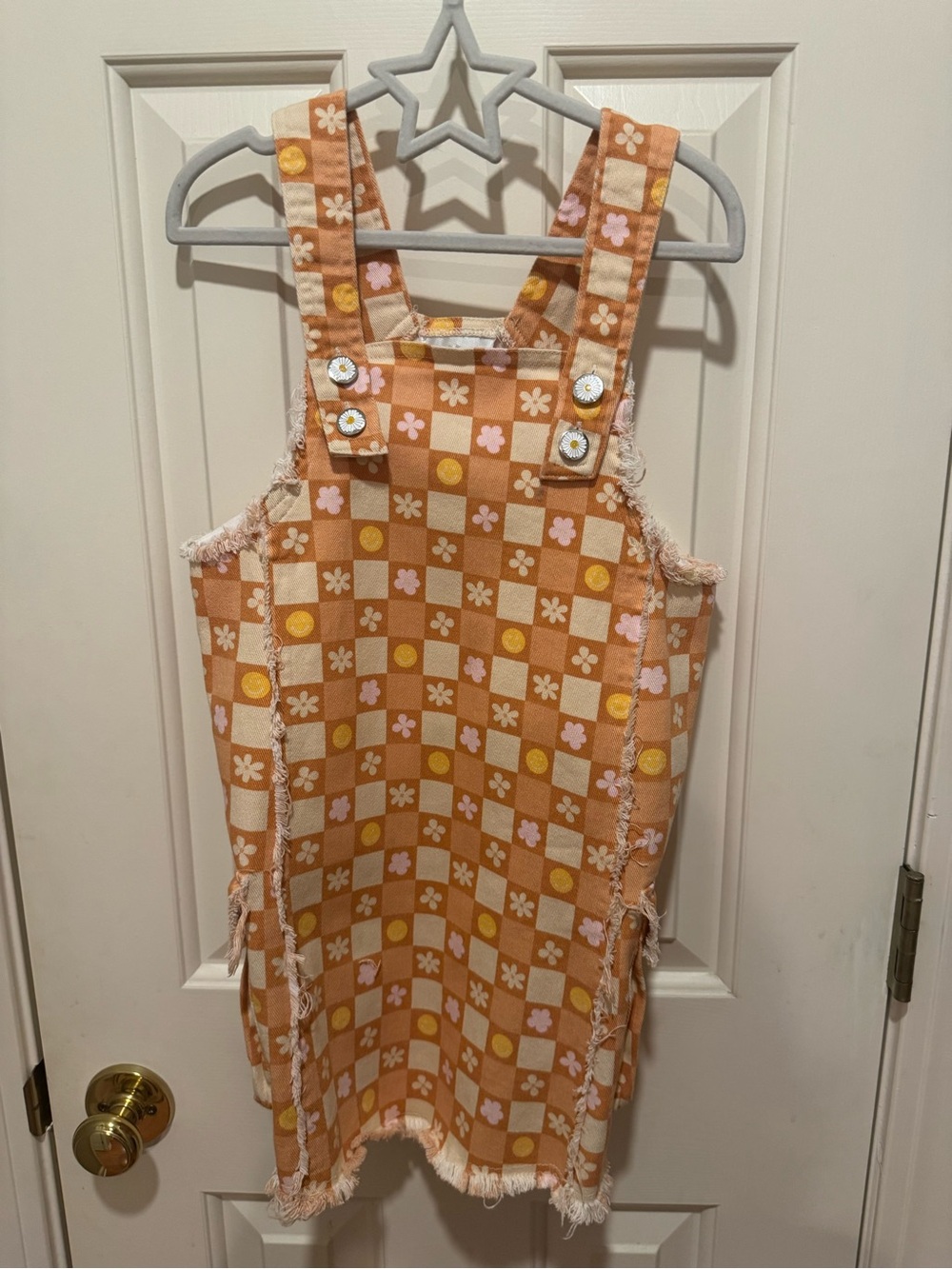 Rare Editions Orange Checkered Floral Overall Dress